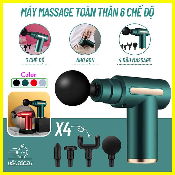 Máy massage cầm tay mini đa năng 4 đầu 6 chế độ cao cấp, Súng massage cầm tay nhỏ gọn mát xa cổ vai gáy, đau giãn cơ