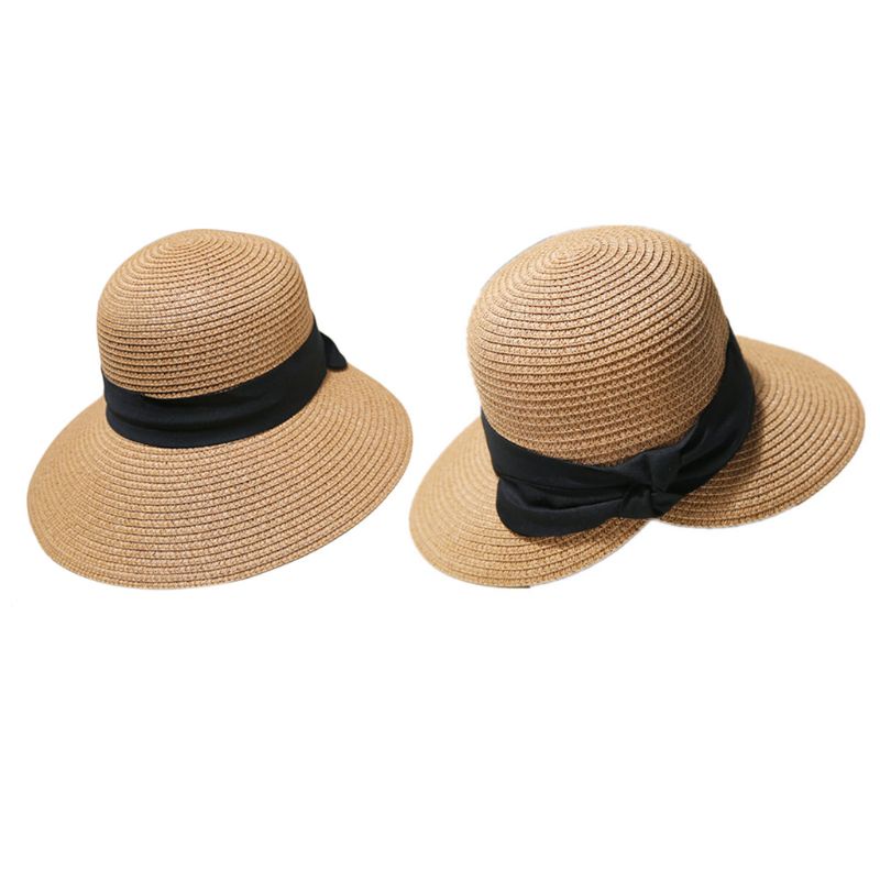 Nón Cối Rộng Vành Phối Nơ Màu Đen Chống Tia UV Thời Trang Đi Biển Mùa Hè Cho Nữ