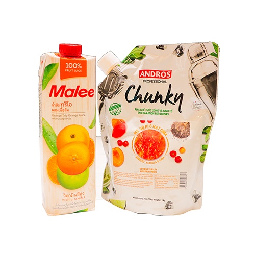 Bộ đôi Nước ép Cam Malee chai 1L và sinh tố Chunky Mơ sori hạt chia 1kg. Hàng công ty có sẵn giao ngay