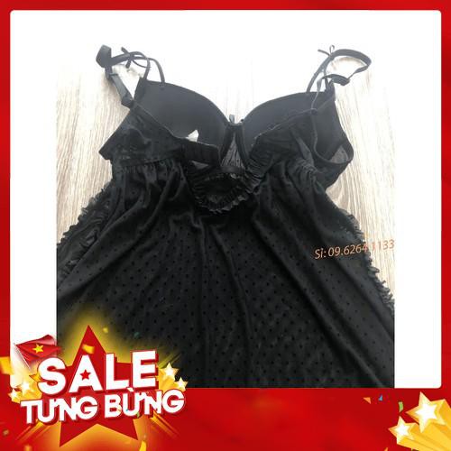 Đầm ngủ sexy nâng ngực chấm bi nhỏ, dáng xẻ vạt ( SEXY XẺ VẠT ĐỆM- ĐEN) -Hàng nhập khẩu