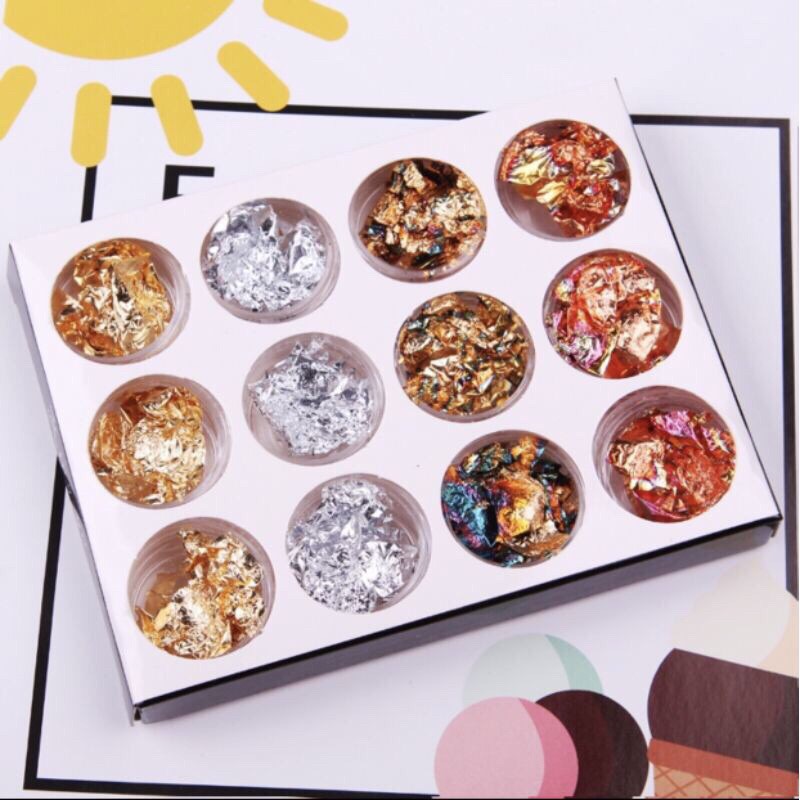 Nhũ giấy bạc, set 12 ô giấy nhún vàng bạc - CHEAP NAIL