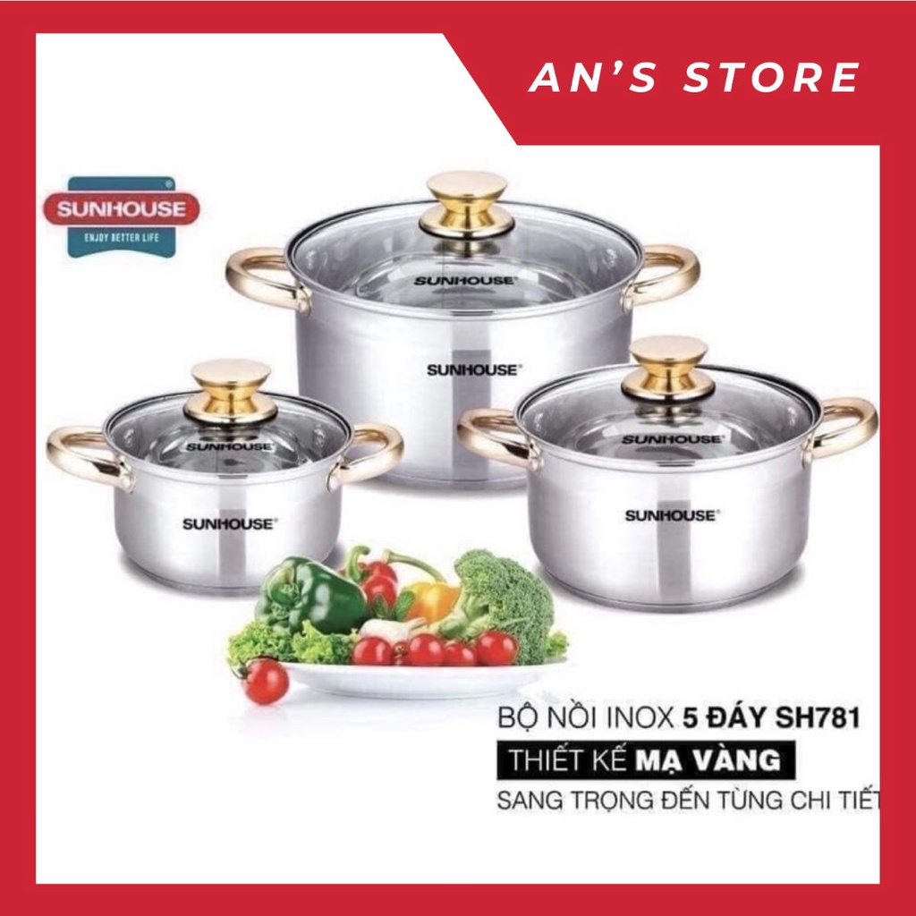 Bộ nồi inox 5 đáy Sunhouse SH781 cao cấp chính hãng