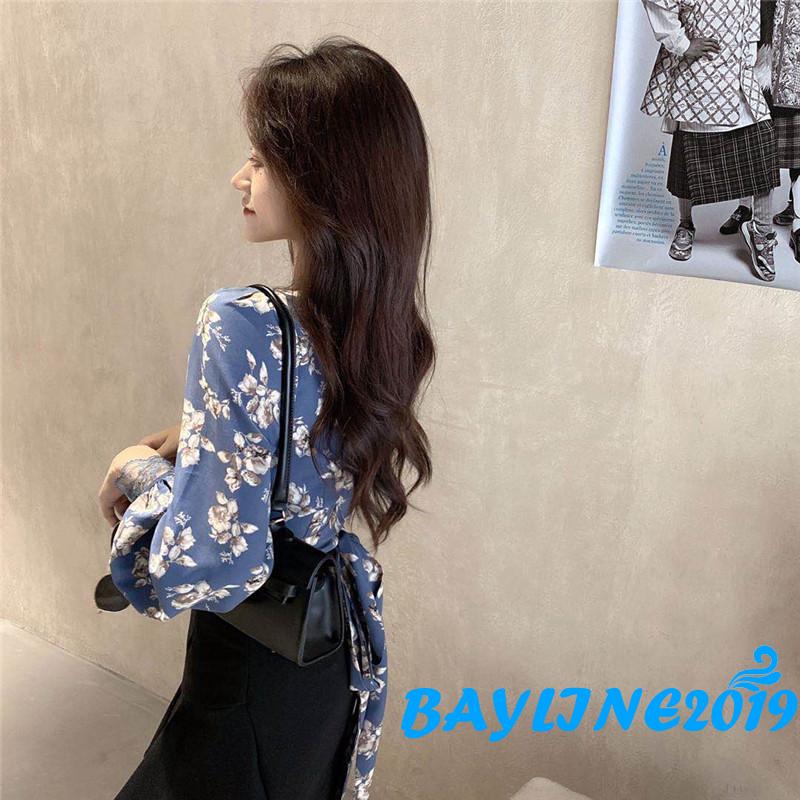 Áo Kiểu Nữ Dài Tay Cổ Chữ V In Hoa Xinh Xắn Hợp Thời Trang