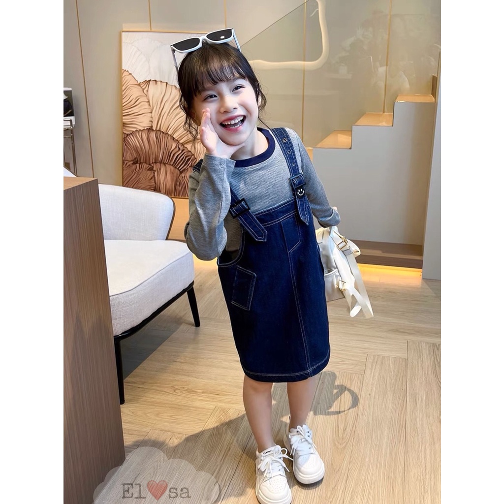 Váy bé gái -Yếm Jean Kèm Áo Thun DÀI TAY Siêu Xinh Cho Bé 1-5 Tuổi