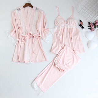 (siêu sale)bộ lụa viền ren mặc nhà 3 món ( bộ quần dài, choàng)
