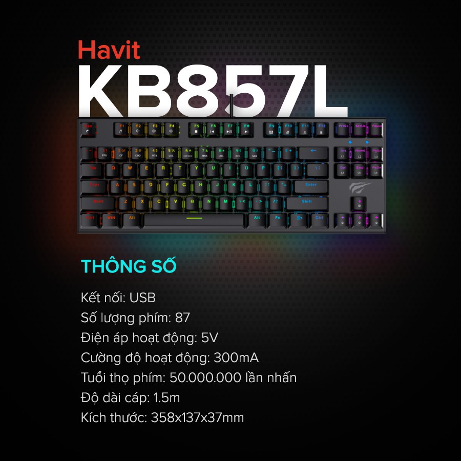 Bàn Phím Cơ Gaming HAVIT KB857L, 87 Keys, 19 Chế Độ RGB, 50.000.000 Lần Nhấn, Chính Hãng