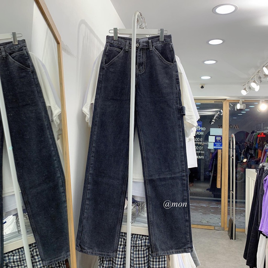 200904 Quần jeans ống suông nữ cạp cao màu xám khói basic phong cách ulzzang