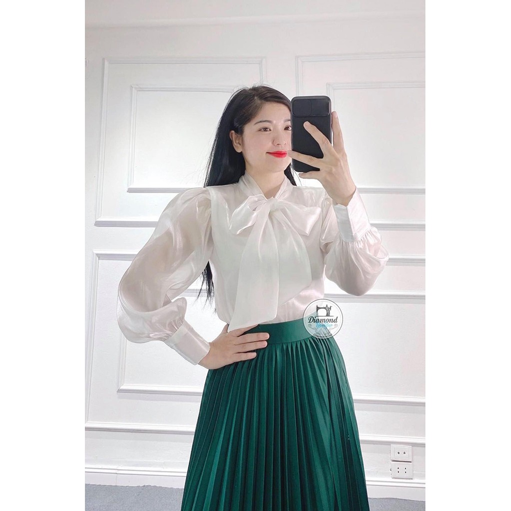 Áo Sơ Mi Nữ Tay Dài Cổ Nơ Chất Tơ Organza Thoáng Mát