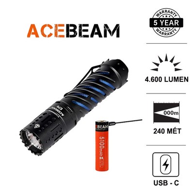 Đèn pin ACEBEAM E70 – Độ sáng 4600 lumens, chiếu xa 240m, pin 21700 sạc USB-C, nhiệt màu 6500K