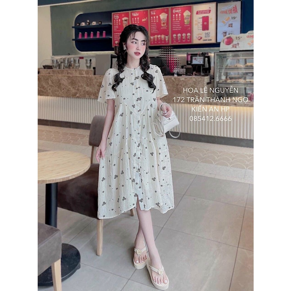 Váy bầu sơ mi thời trang hoa nhí 2 lớp, đầm bầu công sở mặc hè cực xinh