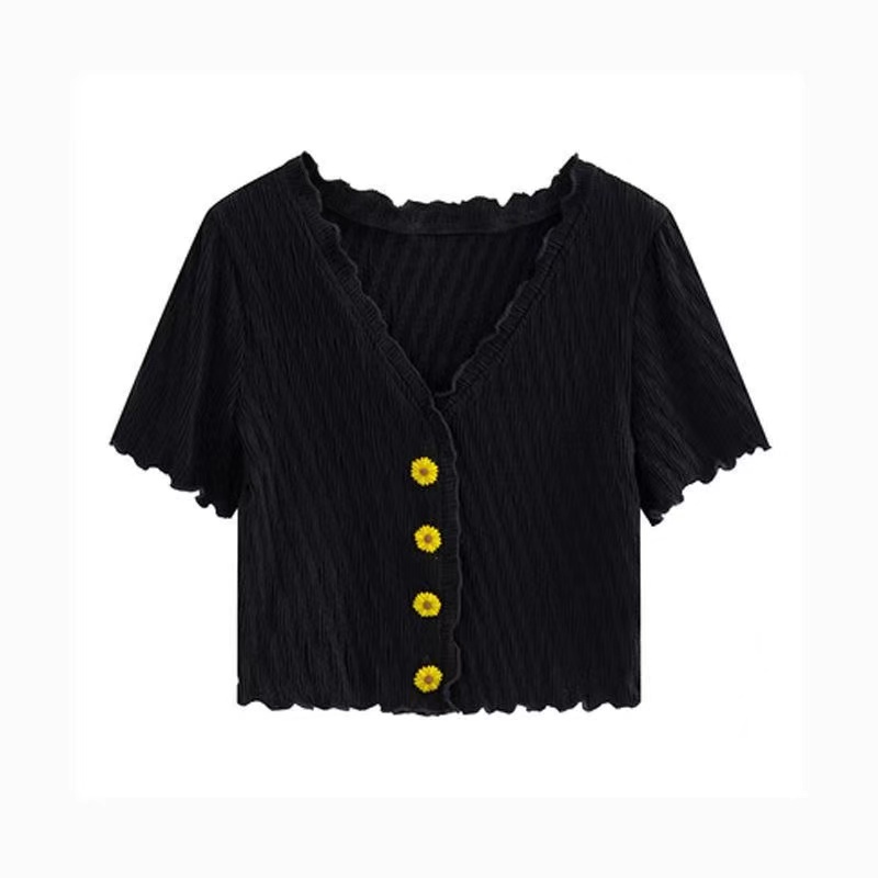 Áo sơ mi voan tay ngắn màu trơn cổ chữ V phong cách Hàn Quốc