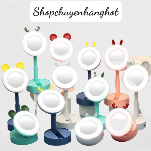 Gương Tròn Trang Điểm Có Đèn Led Trợ Sáng, Đèn Chỉnh 3 Màu, Tăng Giảm Chiều Cao, Gấp Gọn, Livestream, Tiktok, Bigo, FB