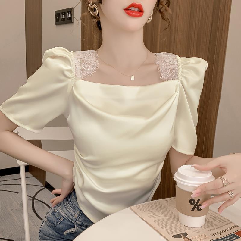 Áo Sơ Mi Chiffon Tay Lửng Phồng Cổ Phối Ren Màu Trơn Ngọt Ngào Thời Trang Xuân Hè Cho Nữ