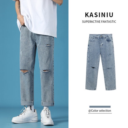 Quần jean baggy xanh nam, nữ ống rộng, rách cá tính, vải cao cấp không phai màu