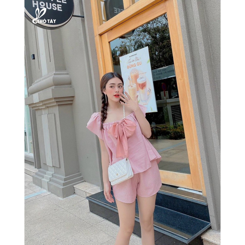 Set bộ áo tay ngắn nơ ngực và quần ngắn xinh xắn