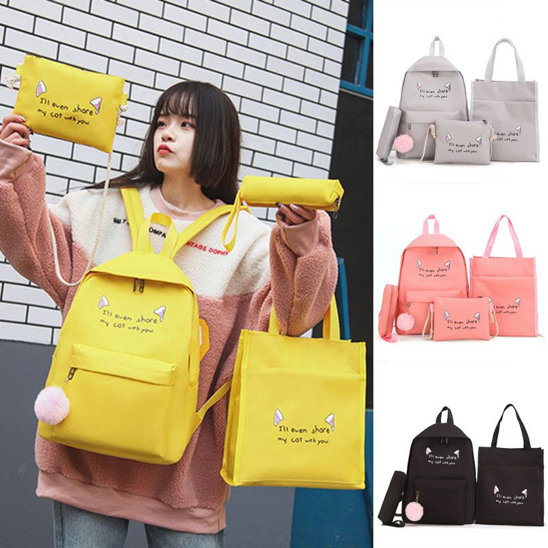 Set 4 Món Balo Túi Ví Canvas Dễ Thương Cho Nữ