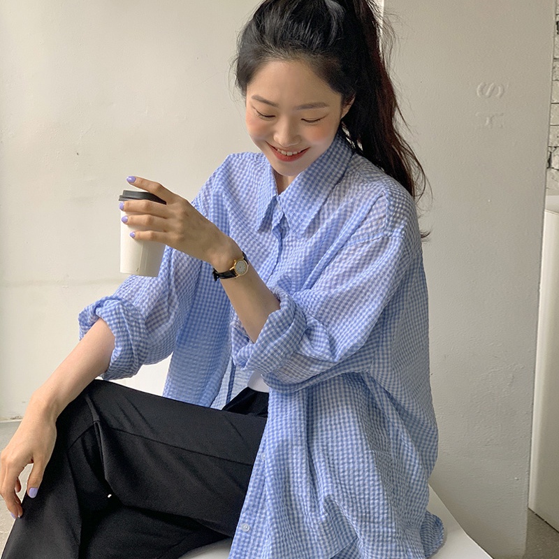 Áo Sơ Mi Caro Tay Dài Dáng Rộng Phong Cách Hàn Quốc Cho Nữ