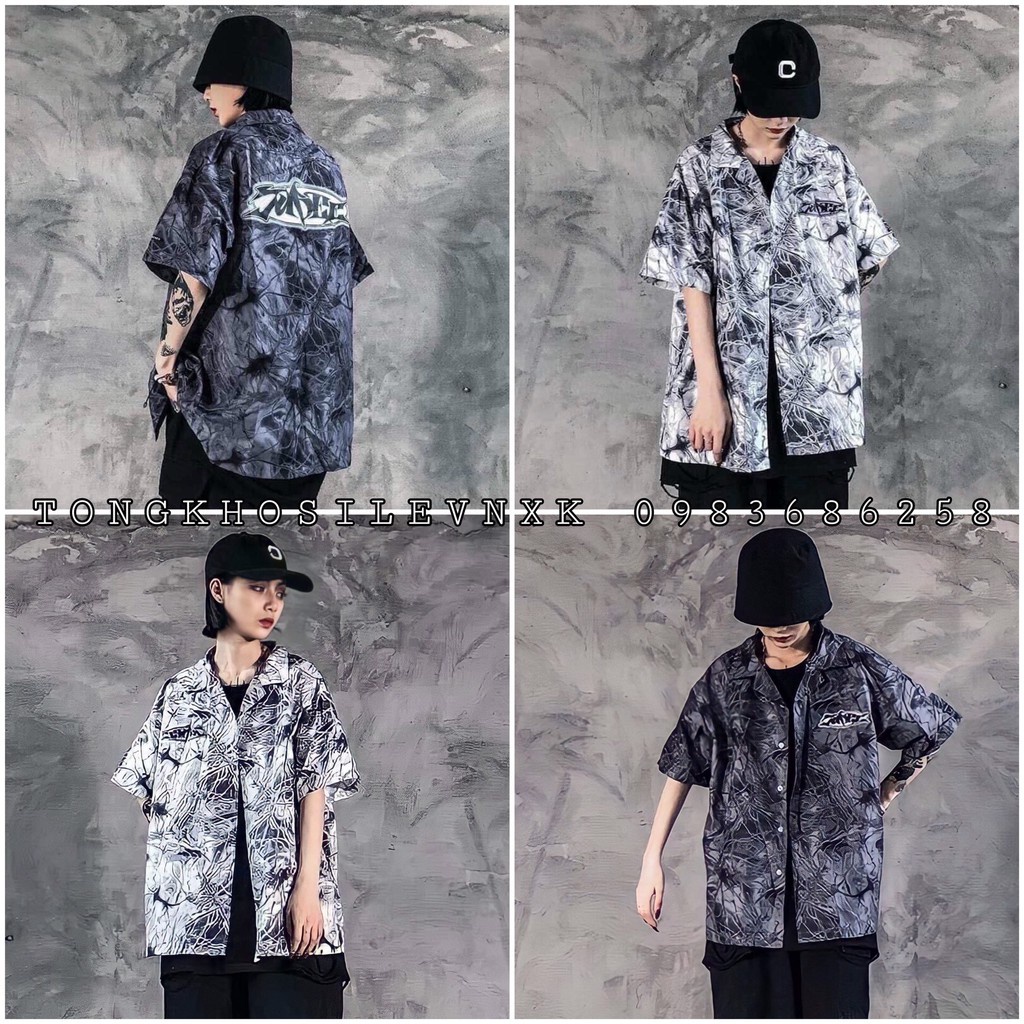 ÁO SƠ MI LOANG MẠCH MÁU NAM NỮ CỔ BẺ TAY LỠ IN CHỮ - ÁO LOANG FORM RỘNG UNISEX CÁ TÍNH