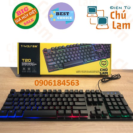 Bàn phím chơi game có dây T-WOLF T-20 104 phím Đèn nền RGB đầy màu sắc Bàn phím cơ học cảm ứng công thái học cho