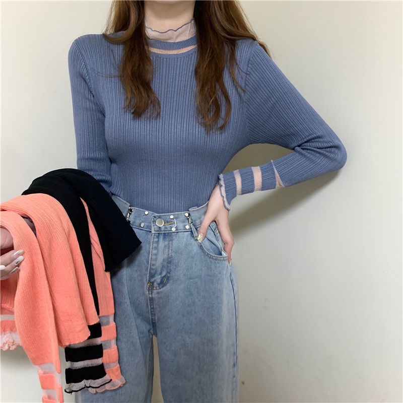 Áo Sweater tay dài phối lưới thời trang thu đông | BigBuy360 - bigbuy360.vn