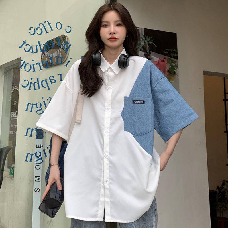 Áo Sơ Mi Tay Lửng Dáng Rộng Cỡ Lớn Màu Tương Phản Thời Trang Hàn Quốc