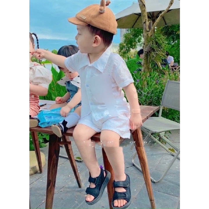 Bộ Quần Áo Cho Bé Habi Fashion Chất Liệu Đũi Trơn Cổ Vest Đi Biển Bé Trai, Bé Gái 10-20Kg