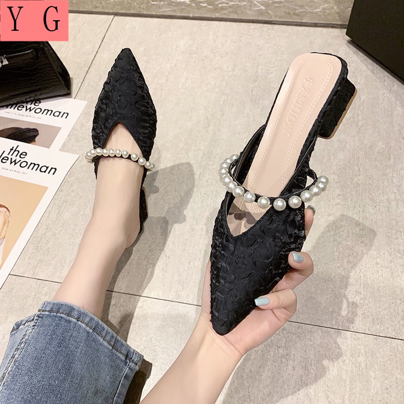 Dép Muller Gót Dày Mũi Nhọn Đính Ngọc Trai Thời Trang Mùa Hè Mới 2022 Cho Nữ