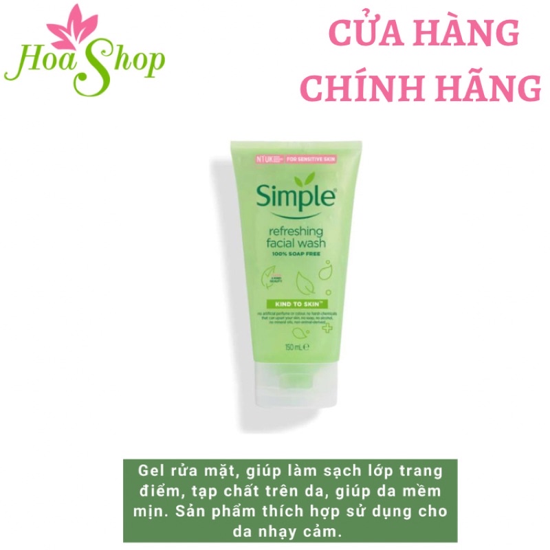 Sữa Rửa Mặt Tươi Mát Simple Gel Kind To Skin Refreshing Facial Wash Gel 150ml