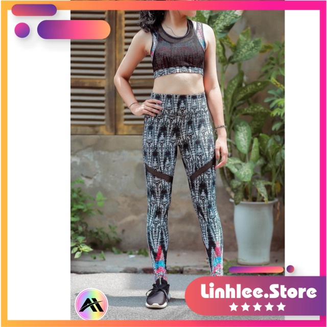 Bộ đồ tập gym,yoga,aerobic họa tiết đen trắng phối màu độc đáo phối lưới tinh tế, áo có sẵn đệm ngực