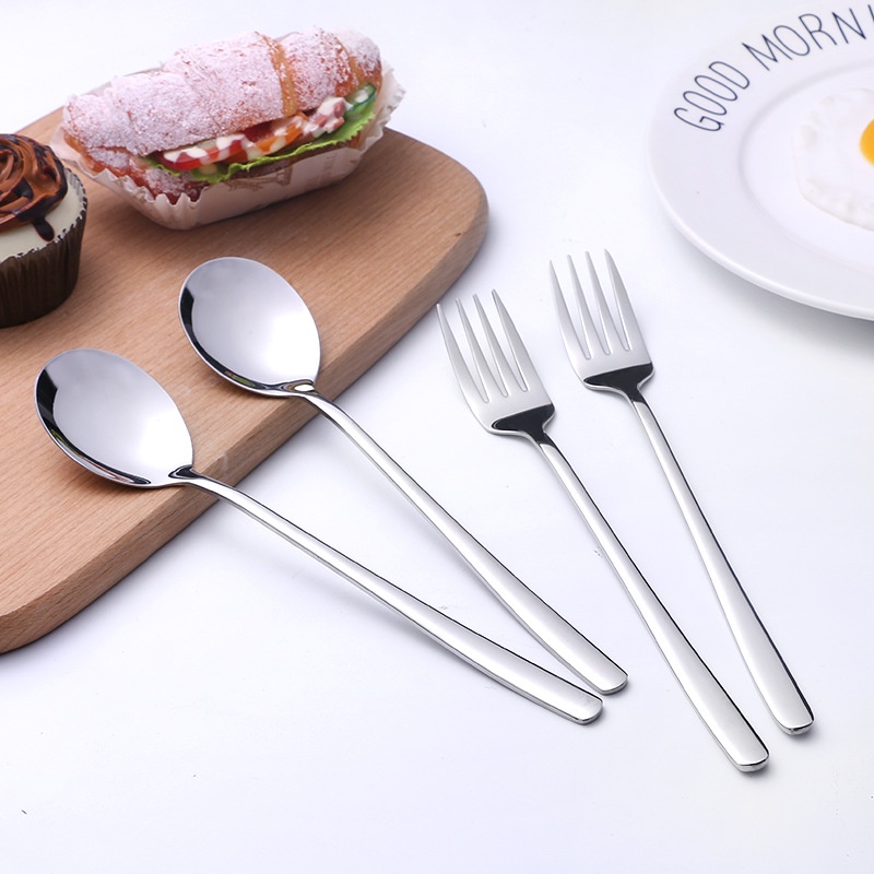 Muỗng cà phê/ Nĩa tay cầm dài bằng thép không gỉ 304 phong cách Hàn Quốc