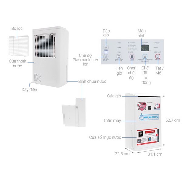 Máy lọc không khí và hút ẩm, tạo i-on Sharp DW-D12A-W