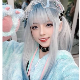 Tóc giả nữ nguyên đầu mẫu bạch kim phối xanh khói [HOTTREND] tóc cao cấp uốn duỗi đều được