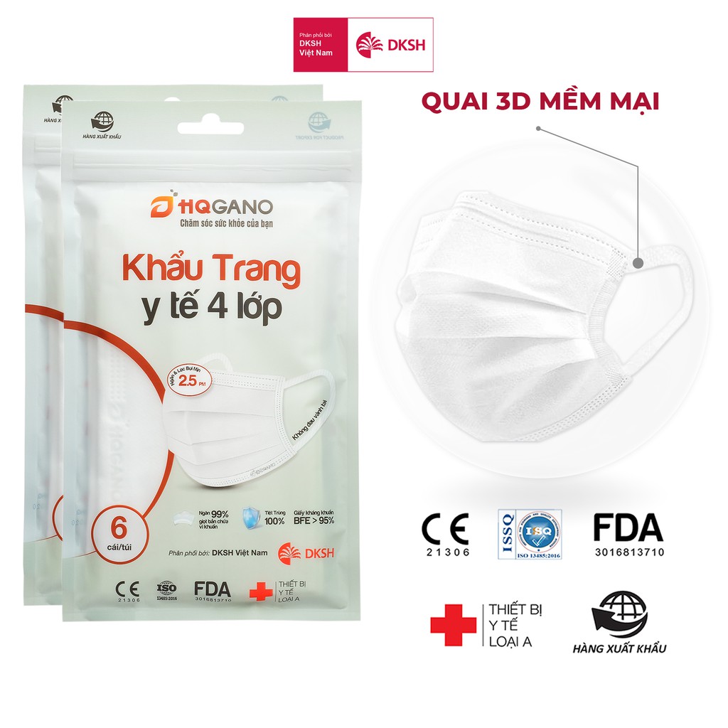 Combo 2 Gói khẩu trang y tế quai 3D mới 4 lớp HQGANO  kháng khuẩn, đạt chuẩn xuất khẩu, không mùi, chất liệu cực mềm mại