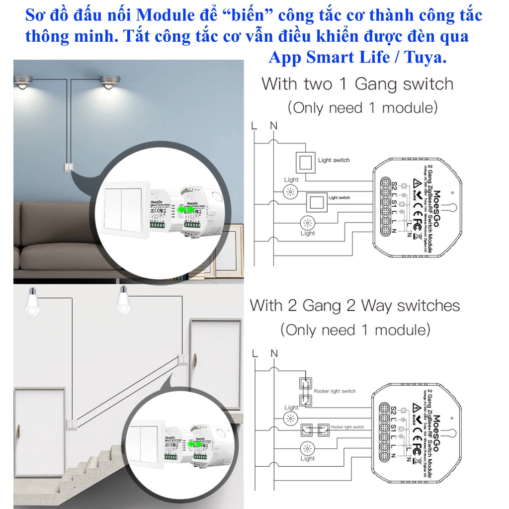 Module công tắc thông minh Tuya Moes, kết nối Zigbee, Wifi, RF433, App Tuya/ Smart Life/ Home Assistant. Mẫu 1 -