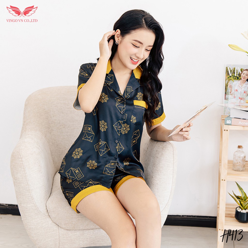 Bộ đồ nữ Pijama mặc nhà VINGO lụa Pháp tay cộc quần cộc họa tiết phong thư sang chảnh màu xanh than H413 VNGO - TCQC