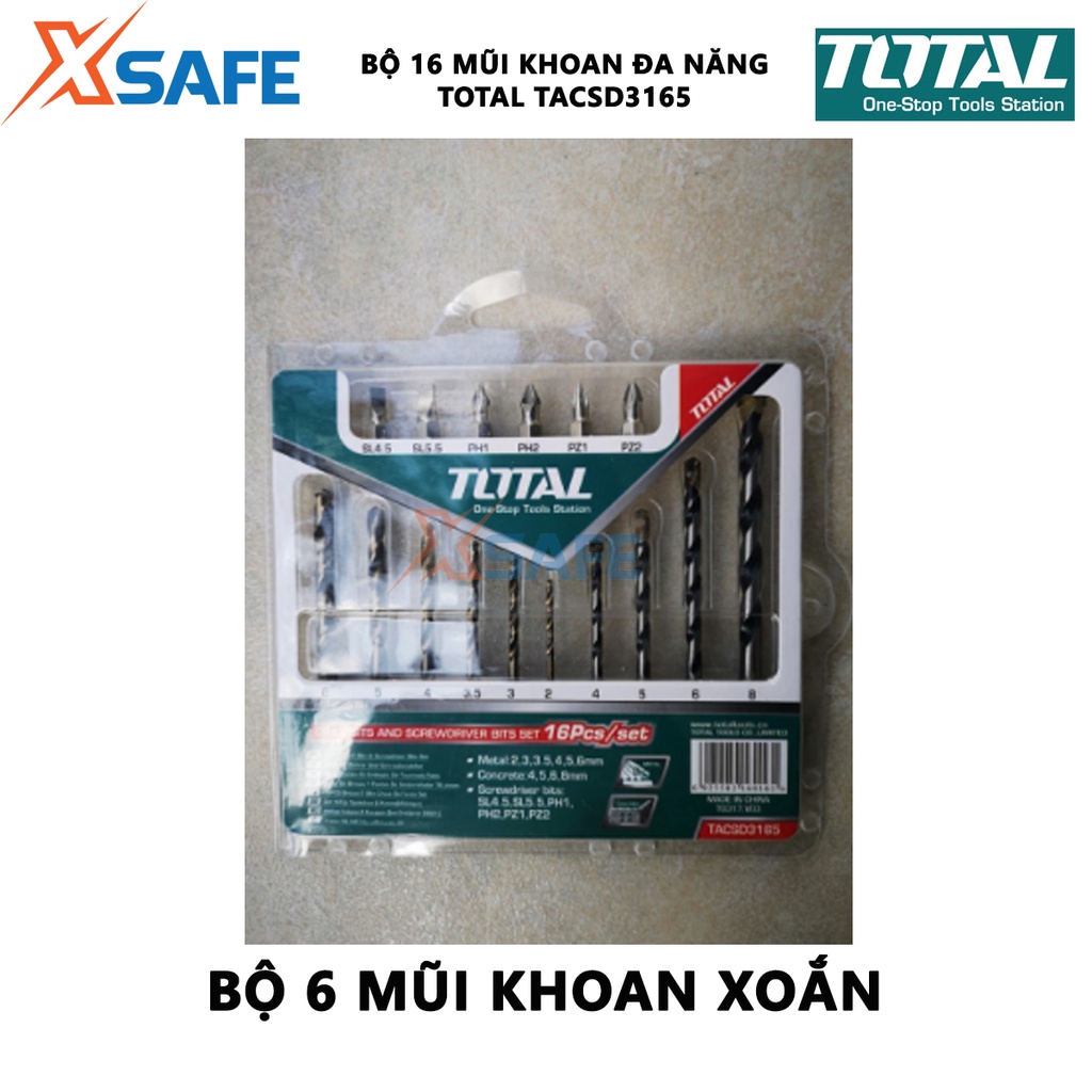Bộ 16 mũi khoan bê tông và đầu bắn vít TOTAL TACSD3165 gồm 6 mũi khoan xoắn, 4 mũi khoan bê tông, 6 mũi siết vít