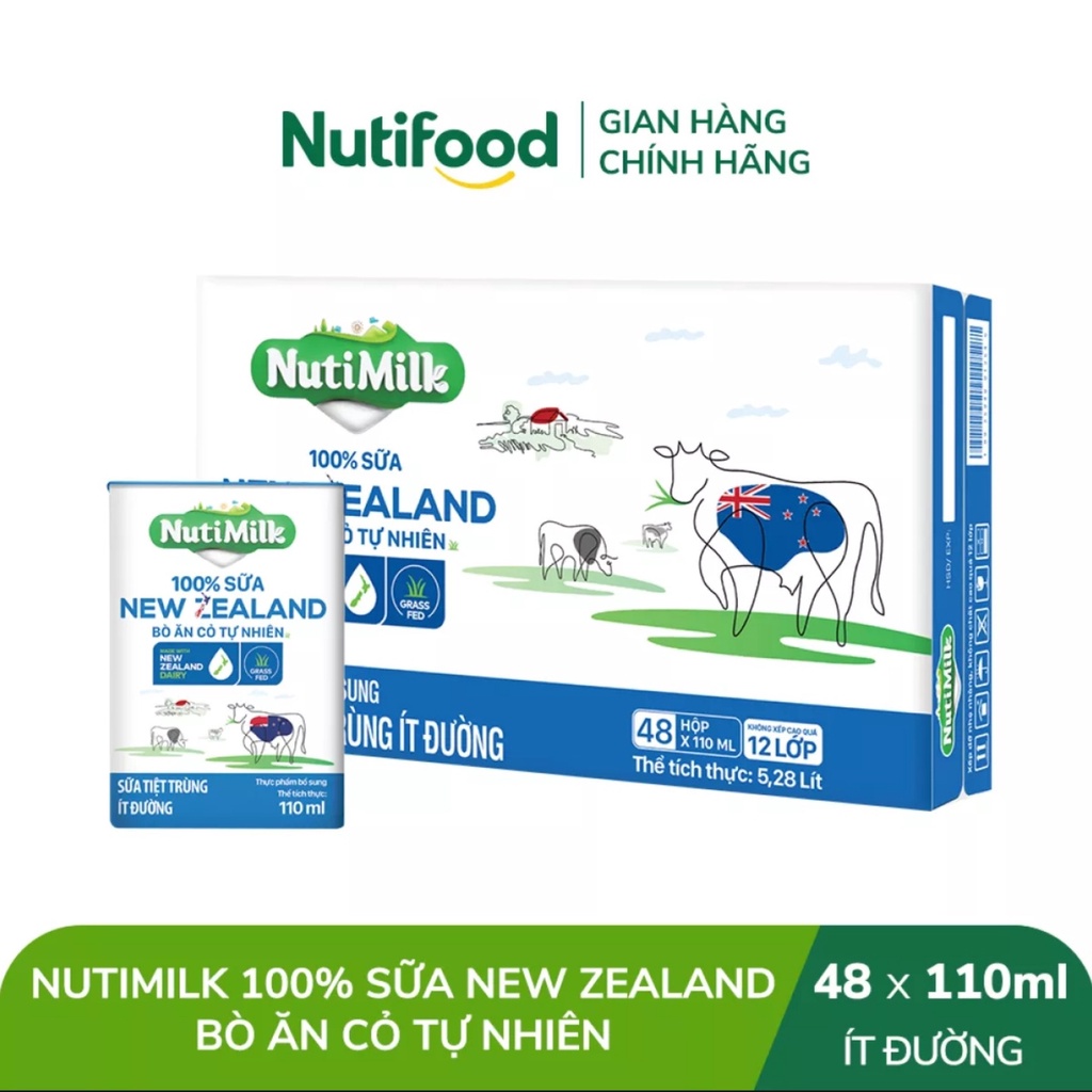 [HSD T7-2022] [MẪU MỚI] Thùng 100% sữa New Zealand bò ăn cỏ tự nhiên ít đường (48 hộp x 110ml)