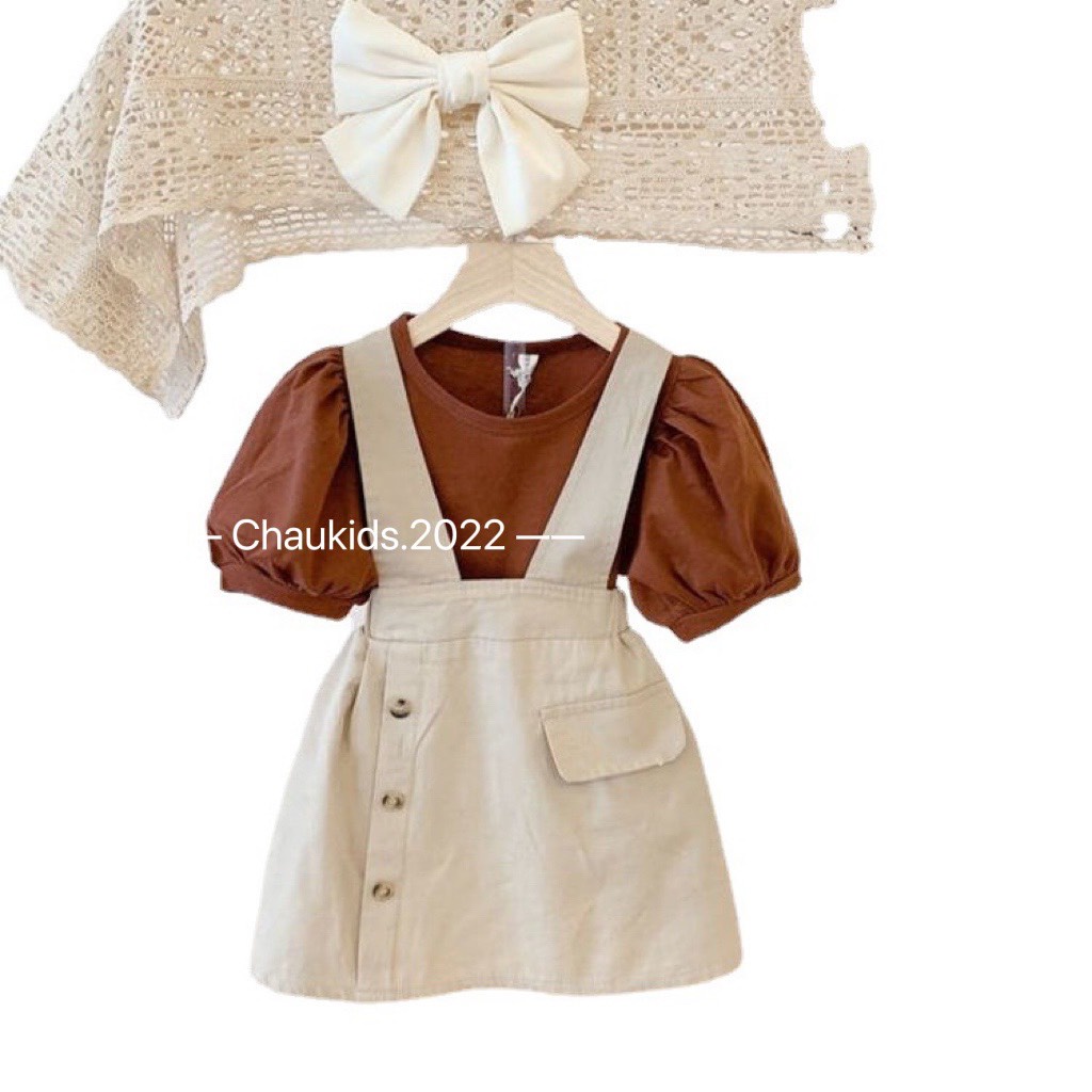 Váy yếm cho bé, váy yếm chất kaki 3 cúc nắp túi phối áo cotton nâu tay bồng style vintage cho bé gái