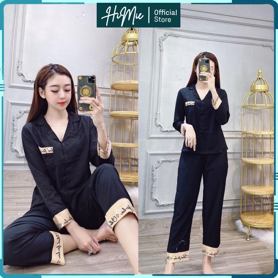 Bộ pijama lụa dài tay cao cấp, bộ pijama dài tay màu trơn phối chữ HiMie