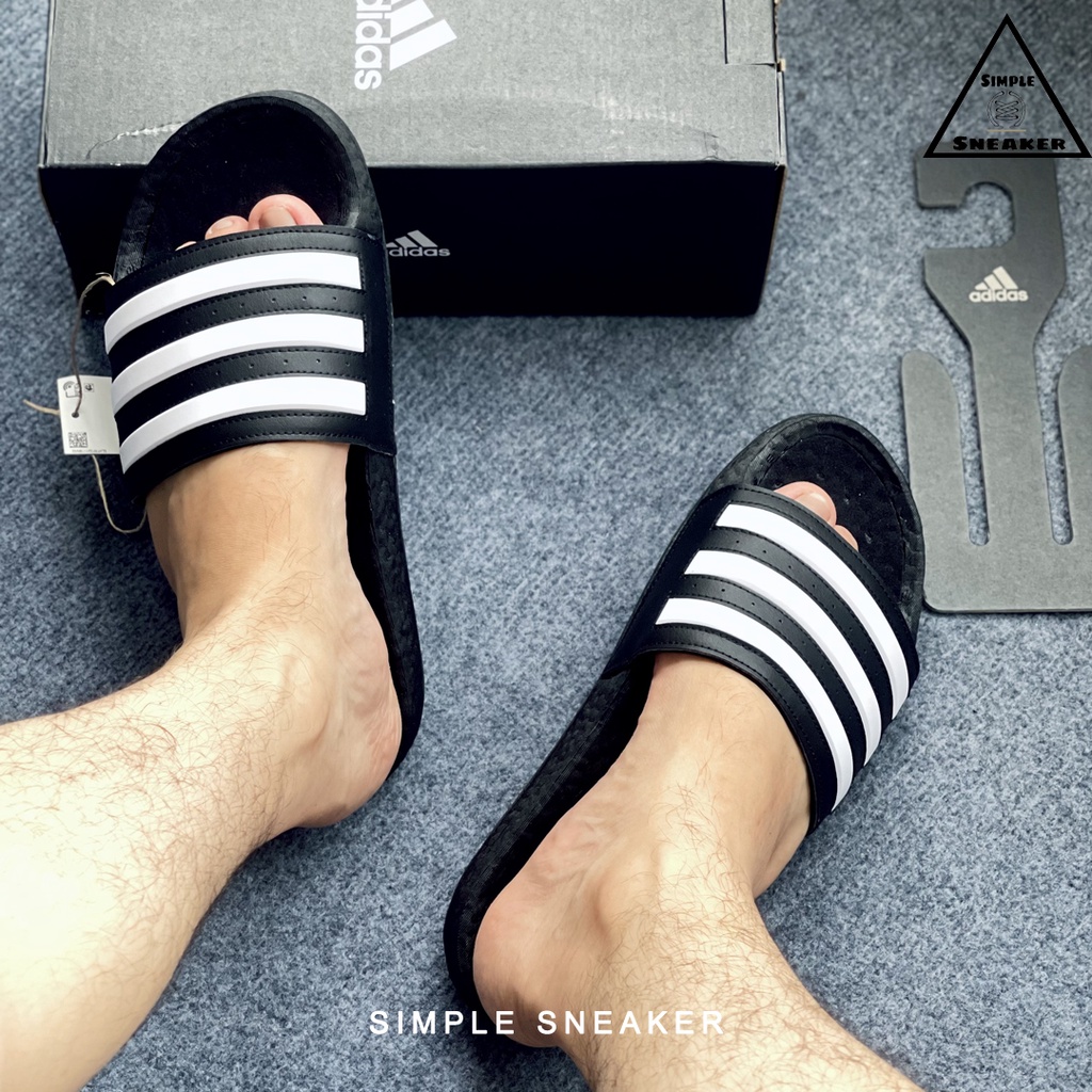 Dép Adidas Boost Chính Hãng FREESHIP Adidas Adilette Boost Slides Black White- Dép Quai Ngang Đế Boost- Simple Sneaker