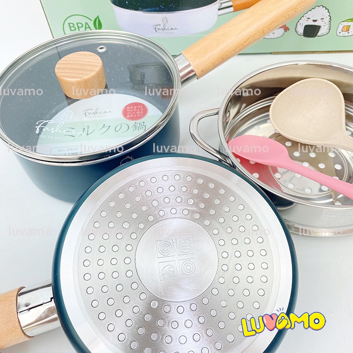 Bộ nồi chảo ăn dặm cho bé fashion khủng long 16cm kèm xửng hấp luvamo (cán lắp sẵn)