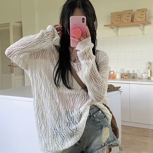 Áo dệt kim ZHELIHANGFEI tay dài dáng rộng chống nắng thời trang đi biển trẻ trung