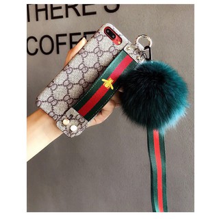 Ốp điện thoại in logo gucci phối dây đeo và quả bông cho samsung s20 note10 note9 note8 s10 s9 s8 plus s7