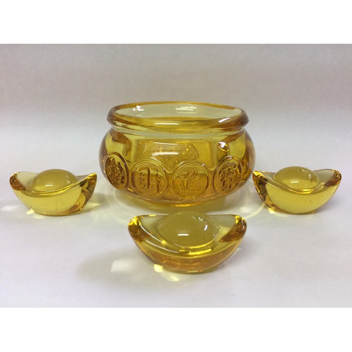 Hủ vàng bát Tụ Bảo Bồn lưu ly chiêu tài nạp lộc Thần Tài (8cm) kèm 03 thỏi kim nguyên bảo độc đáo