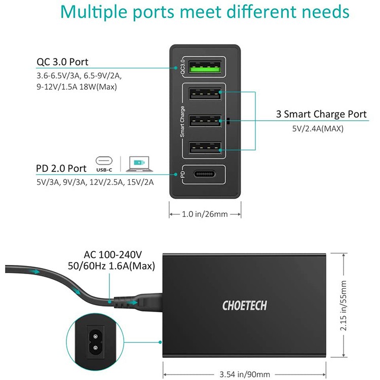 Củ sạc cắm tường CHOETECH 5 cổng USB C PD 60W cho MacBook/ iPad Pro