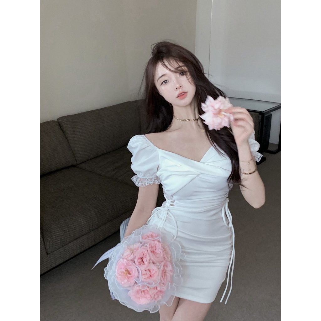 Đầm Ôm Dáng Tay Ngắn Cổ Chữ V Phối Ren Thời Trang Mùa Hè Mới Phong Cách Hàn Quốc Quyến Rũ Cho Nữ
