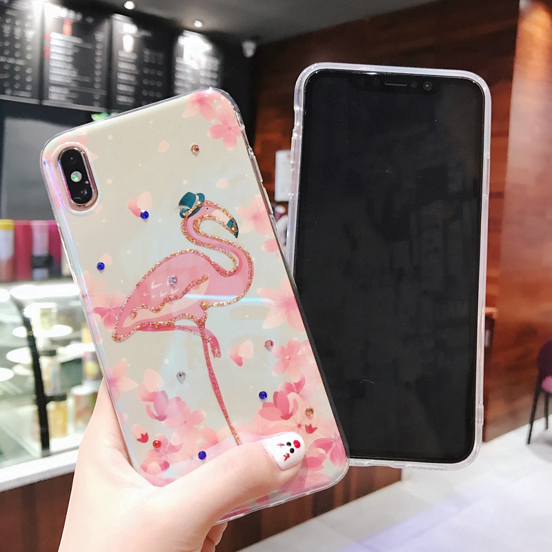 Ốp lưng mềm in hình chim hồng hạc đính đá lấp lánh cho IPhone X XS Max XR IPhone 8 7 6 6S Plus 11 Pro Max SE 2020