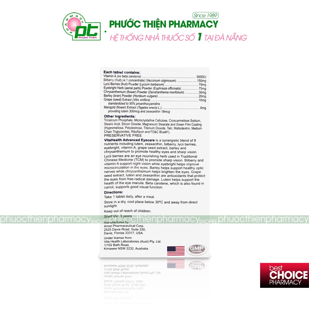 Viên uống bổ mắt, sáng mắt, tăng thị lực của Mỹ VitaHealth Advanced Eyecare 30 viên Vitamin cho mắt Eye Care