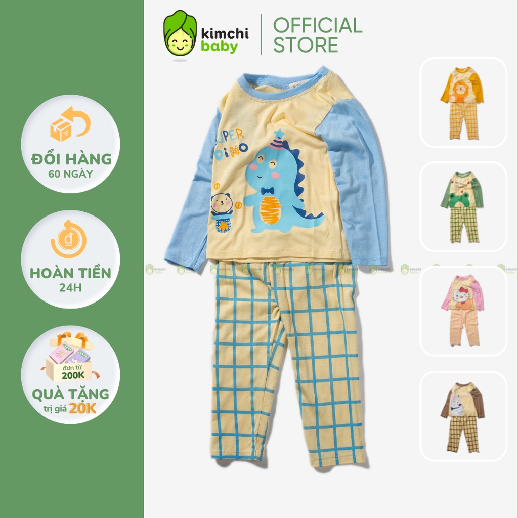 Bộ Dài Tay Cho Bé Trai, Bé Gái Vải Thun Lạnh Minky Mom Động Vật Quần Kẻ, Đồ Bộ Thun Lạnh Mặc Nhà Cho Bé MKMTD2231