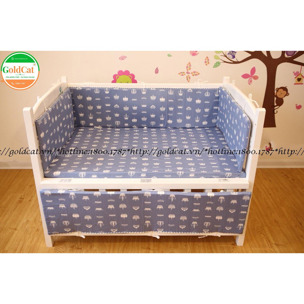 [BIG SALE] Bộ quây cũi kèm ga chun bọc đệm cũi Goldcat, chất liệu vải thô lụa cotton mềm mịn, thấm hút tốt